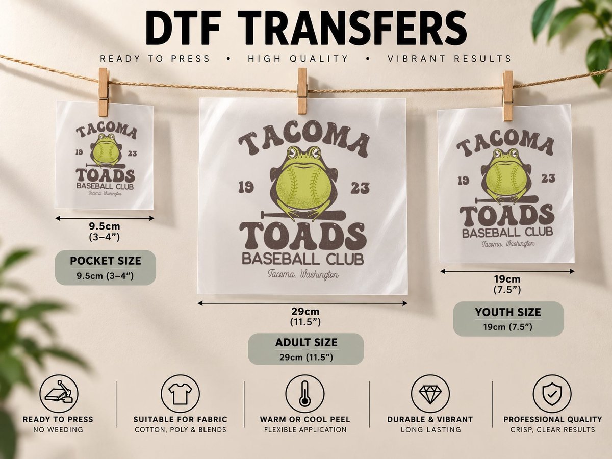 Tacoma Toads Baseball Retro Minor League Baseball Team DTF Transfer Iron On
