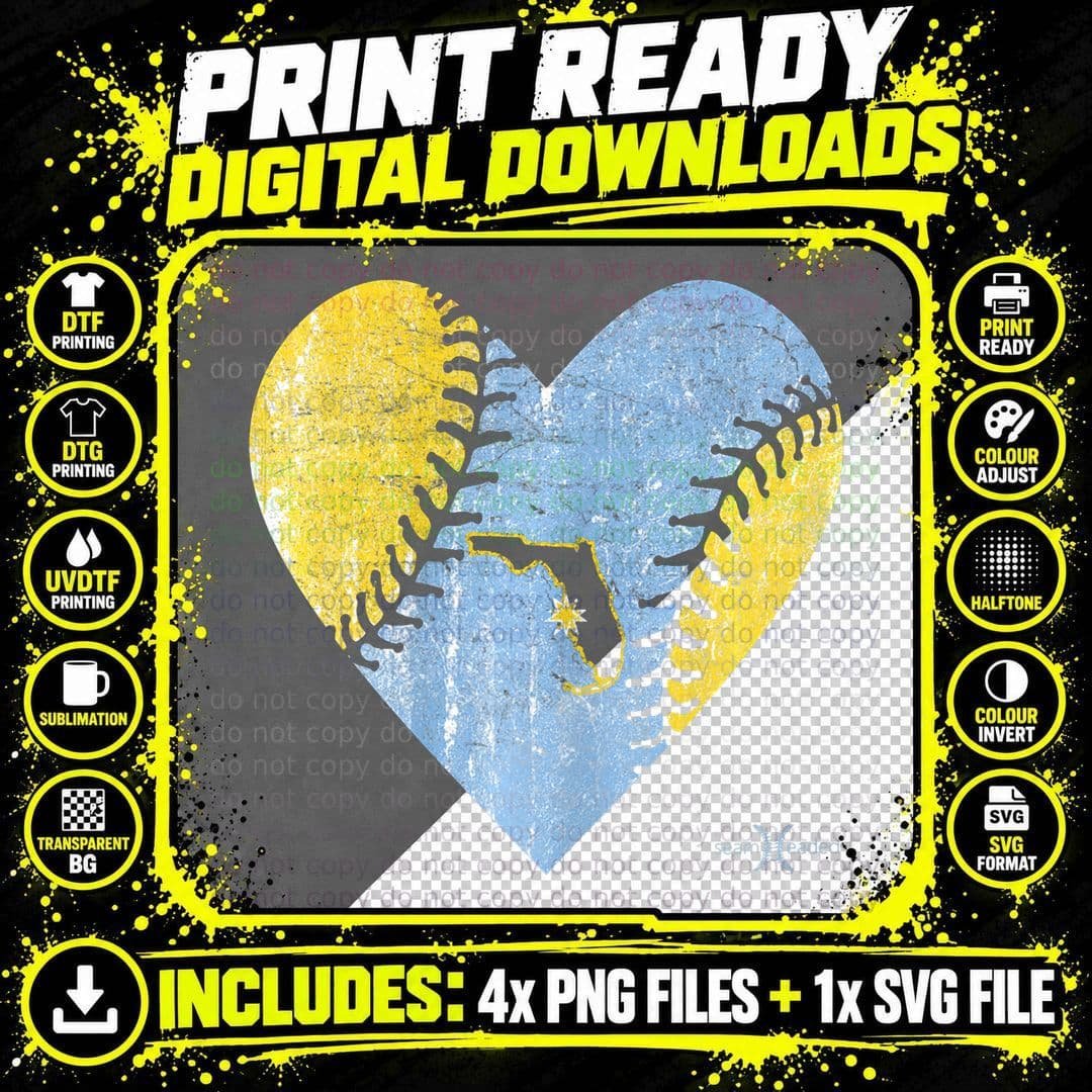 Tampa Bay Baseball Heart with Sun Ray Map of Florida Png SVG Digital Bundle