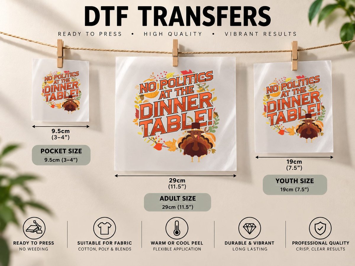 Thanksgiving Family No Politics Turkey at Dinner Table DTF Transfer Iron On