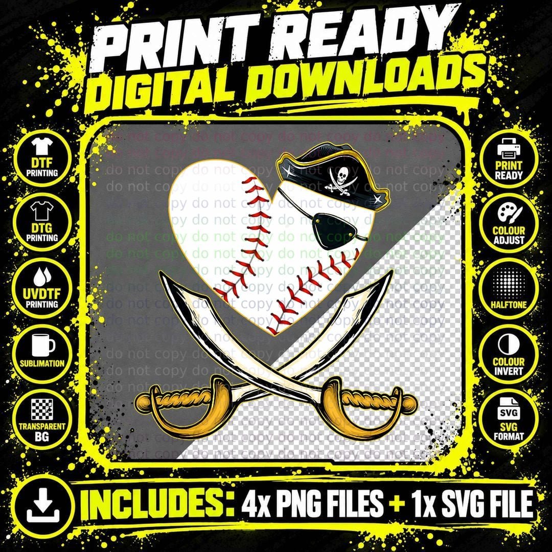 The Vintage Pirate Baseball Heart with Skull Hat Tee Png SVG Digital Bundle