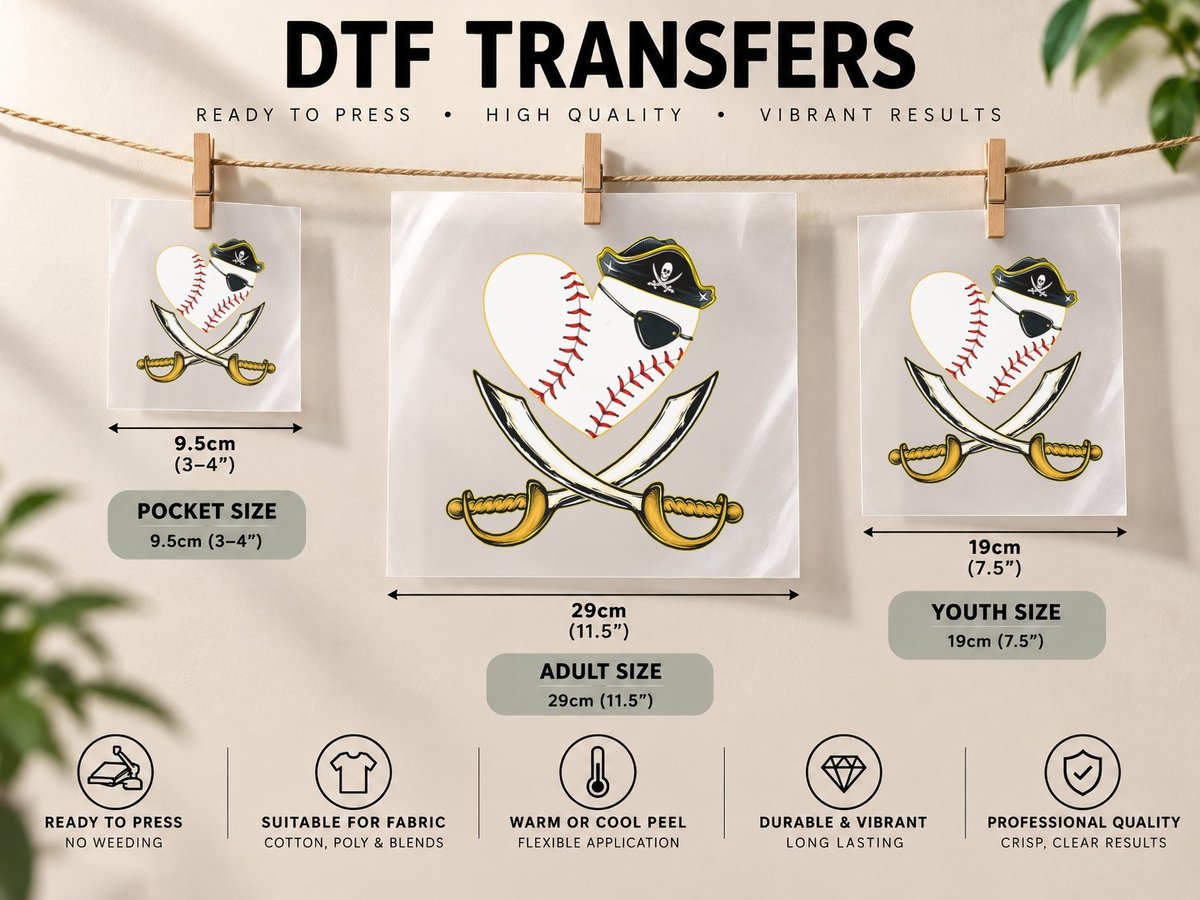 The Vintage Pirate Baseball Heart with Skull Hat DTF Transfer Iron On