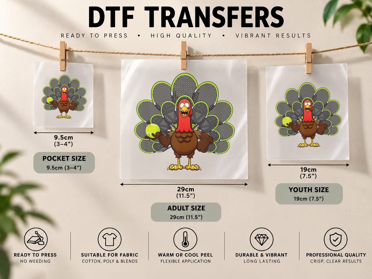 Turkey Tennis Players Autumn Fall Vibes Thanksgiving Kids DTF Transfer Iron On