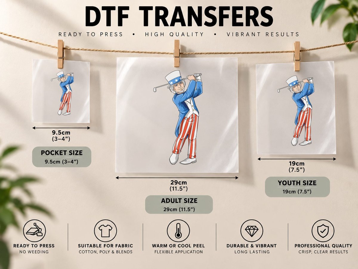 Uncle Sam Golf Patriotic 4th of July American Flag Golf DTF Transfer Iron On