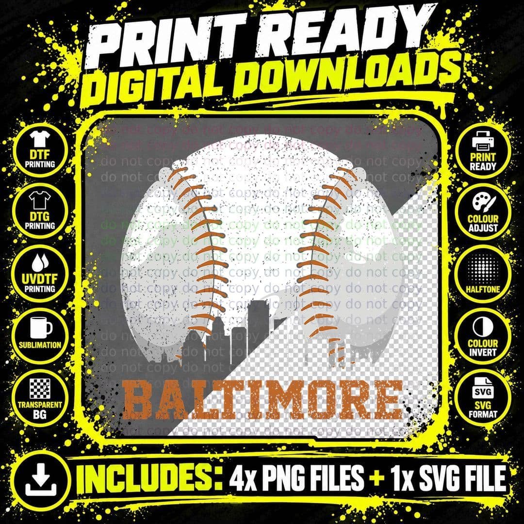 Vintage Baltimore Cityscape Baseball Lover Player and Png SVG Digital Bundle