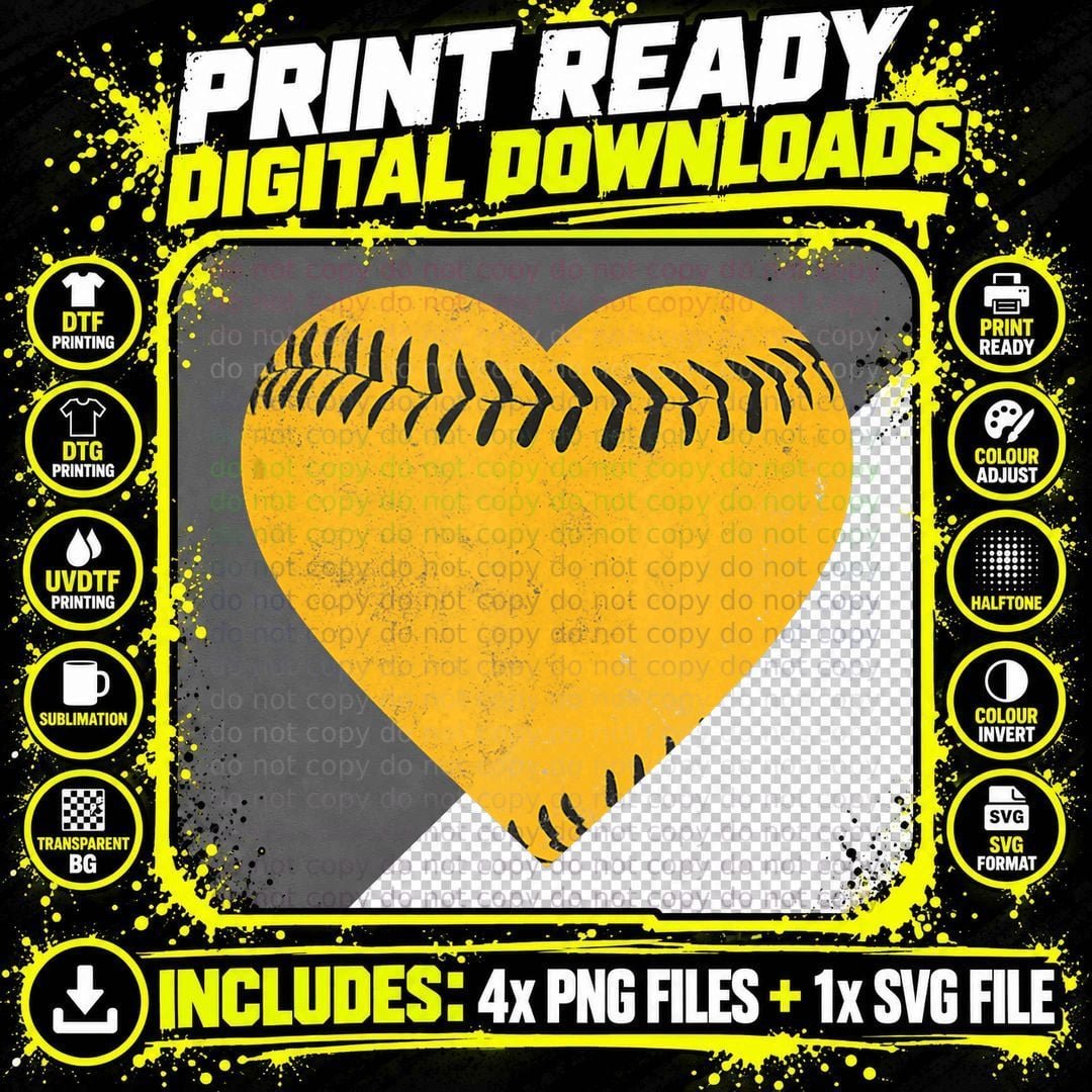 Vintage Black and Yellow Baseball Heart T-Shirt Png SVG Digital Bundle
