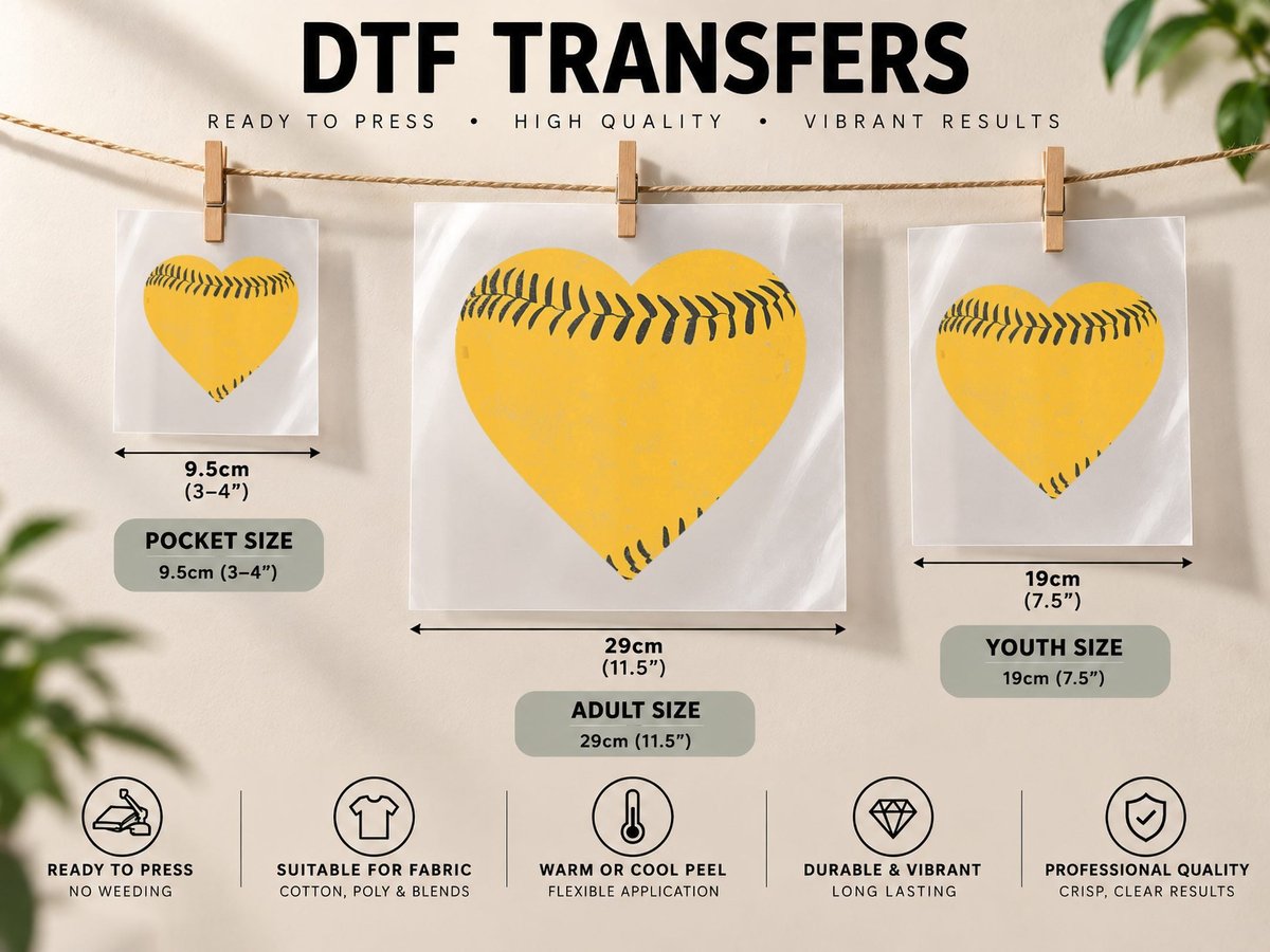 Vintage Black and Yellow Baseball Heart DTF Transfer Iron On