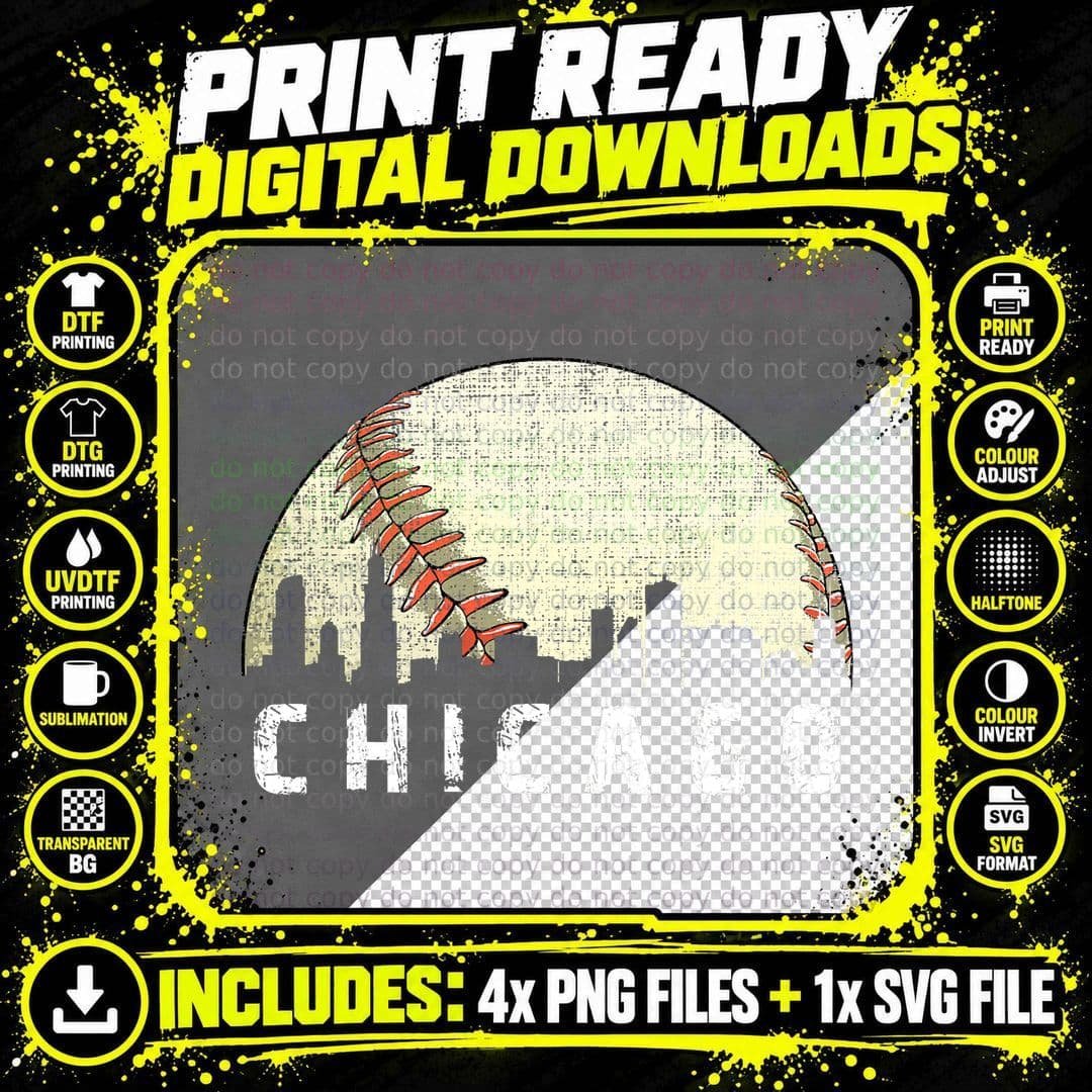 Vintage Chicago Skyline City Baseball Met at Gameday Png SVG Digital Bundle