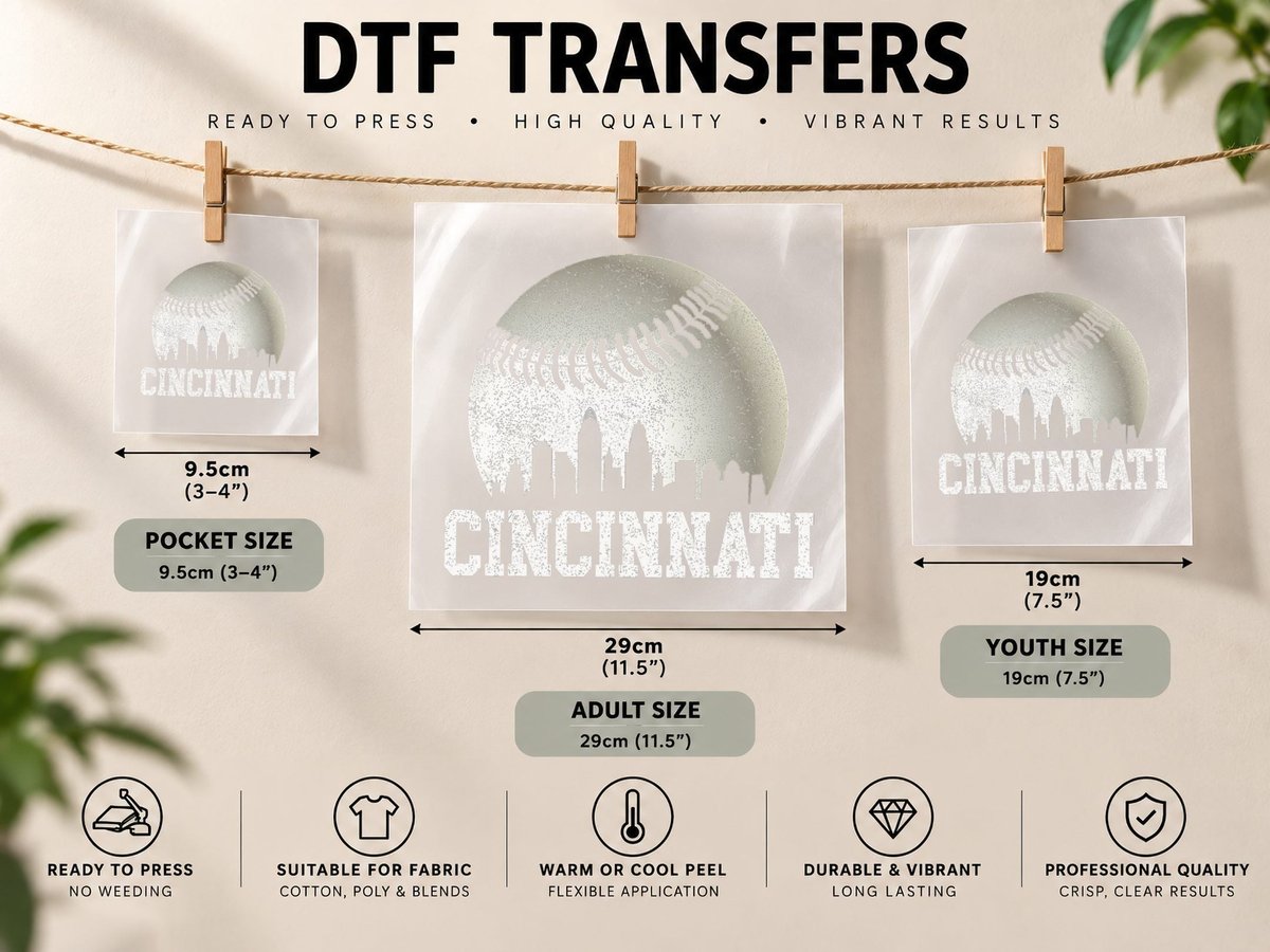 Vintage Cincinnati Skyline City Baseball Met at Gameday DTF Transfer Iron On