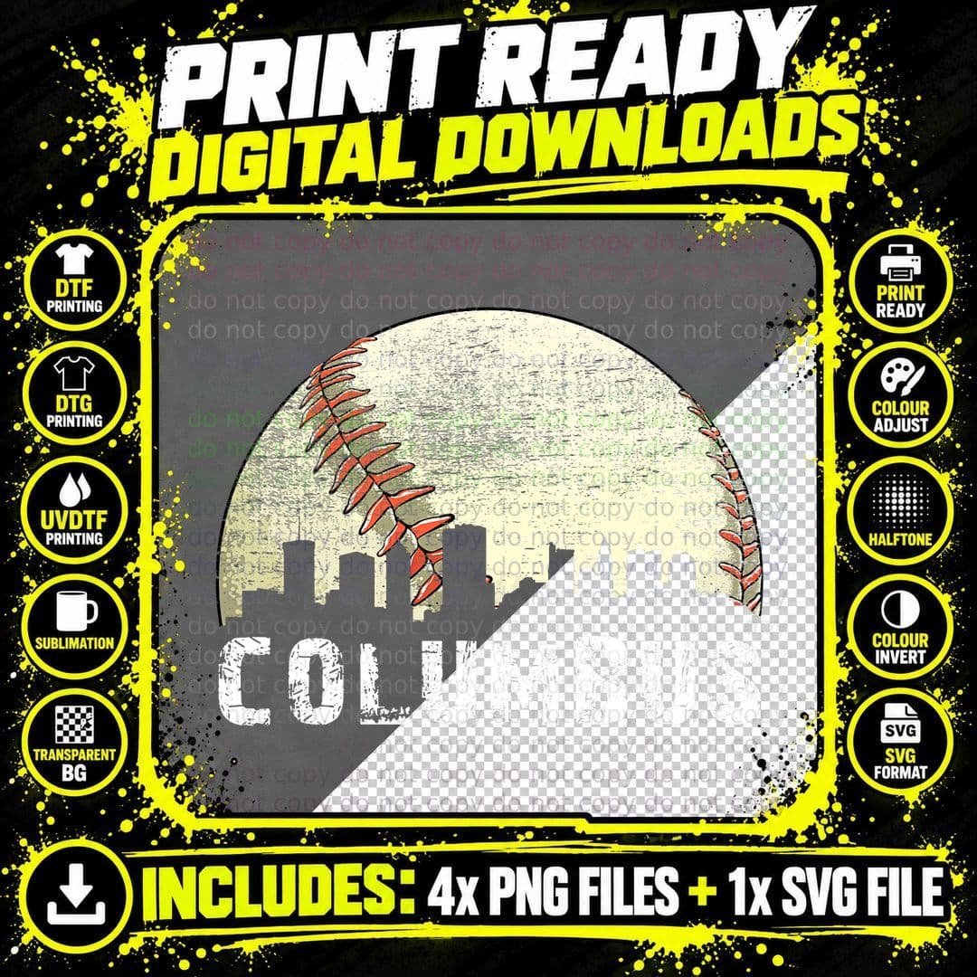 Vintage Columbus Cityscape Baseball Lover Men Women Kids Png SVG Digital Bundle