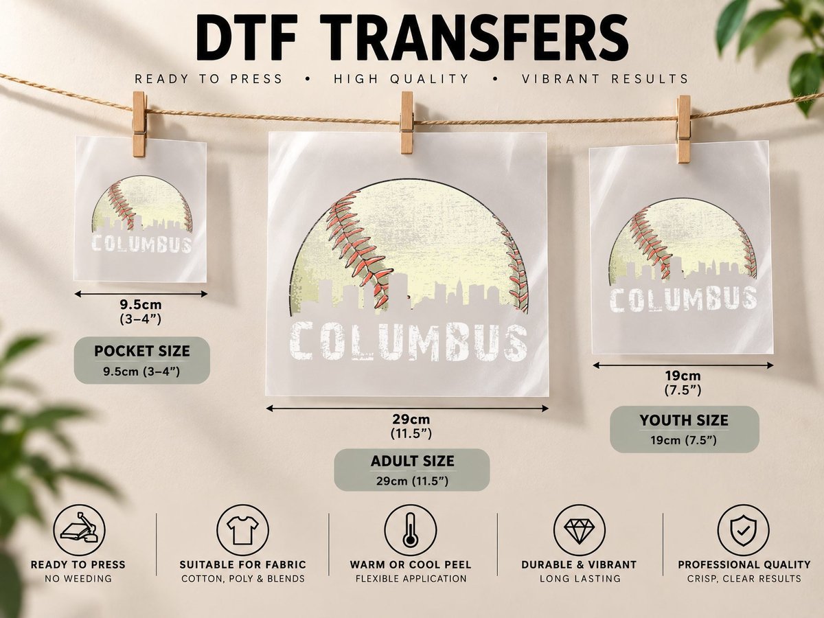 Vintage Columbus Cityscape Baseball Lover Men Women Kids DTF Transfer Iron On