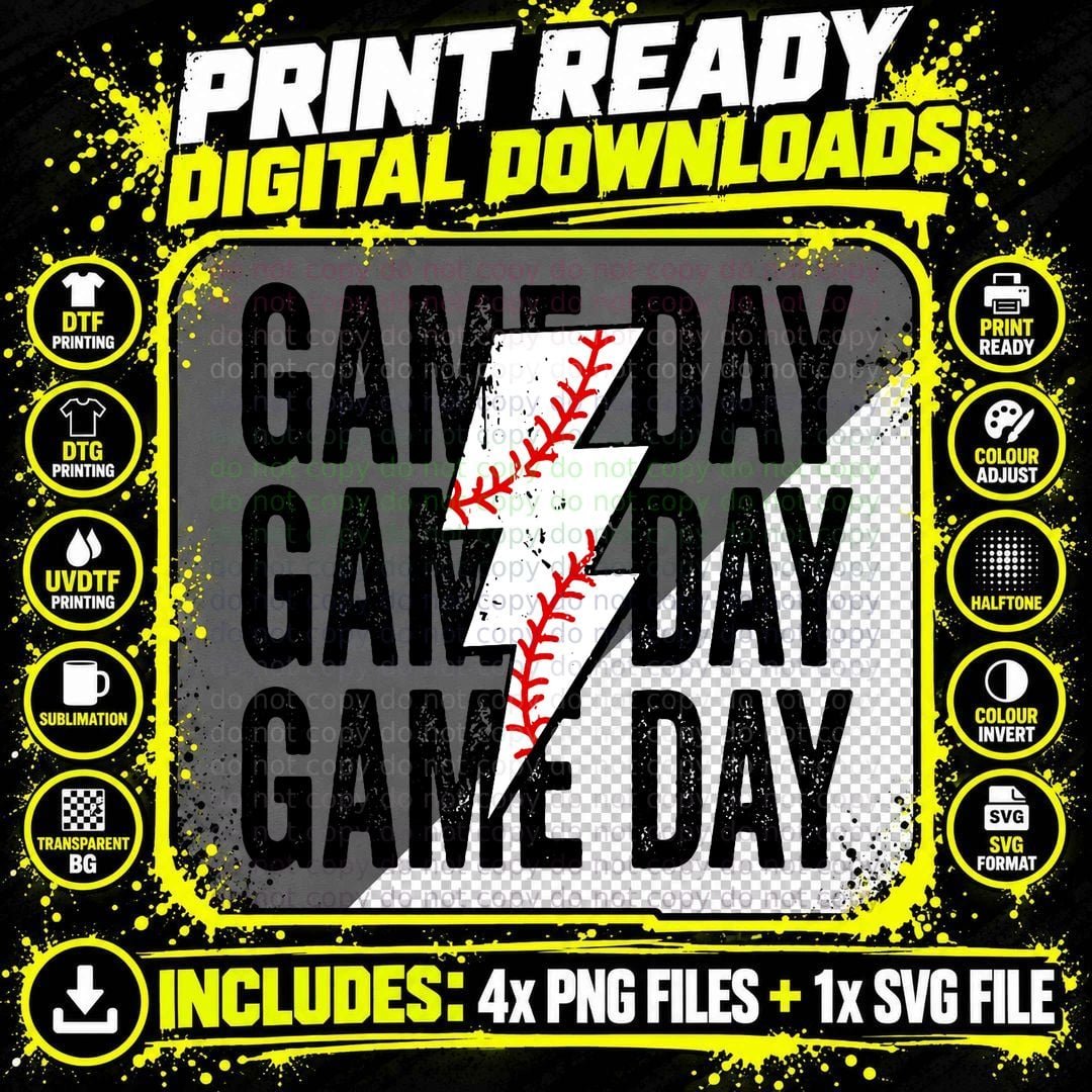 Vintage Game Day Baseball Lightning Bolt Funny Team Png SVG Digital Bundle