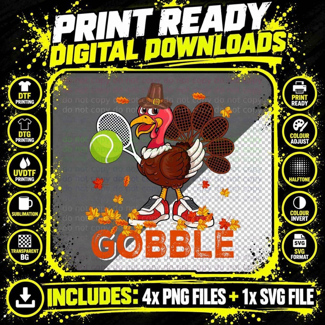Vintage Gobble Thanksgiving Turkey Playing Tennis Player Png SVG Digital Bundle