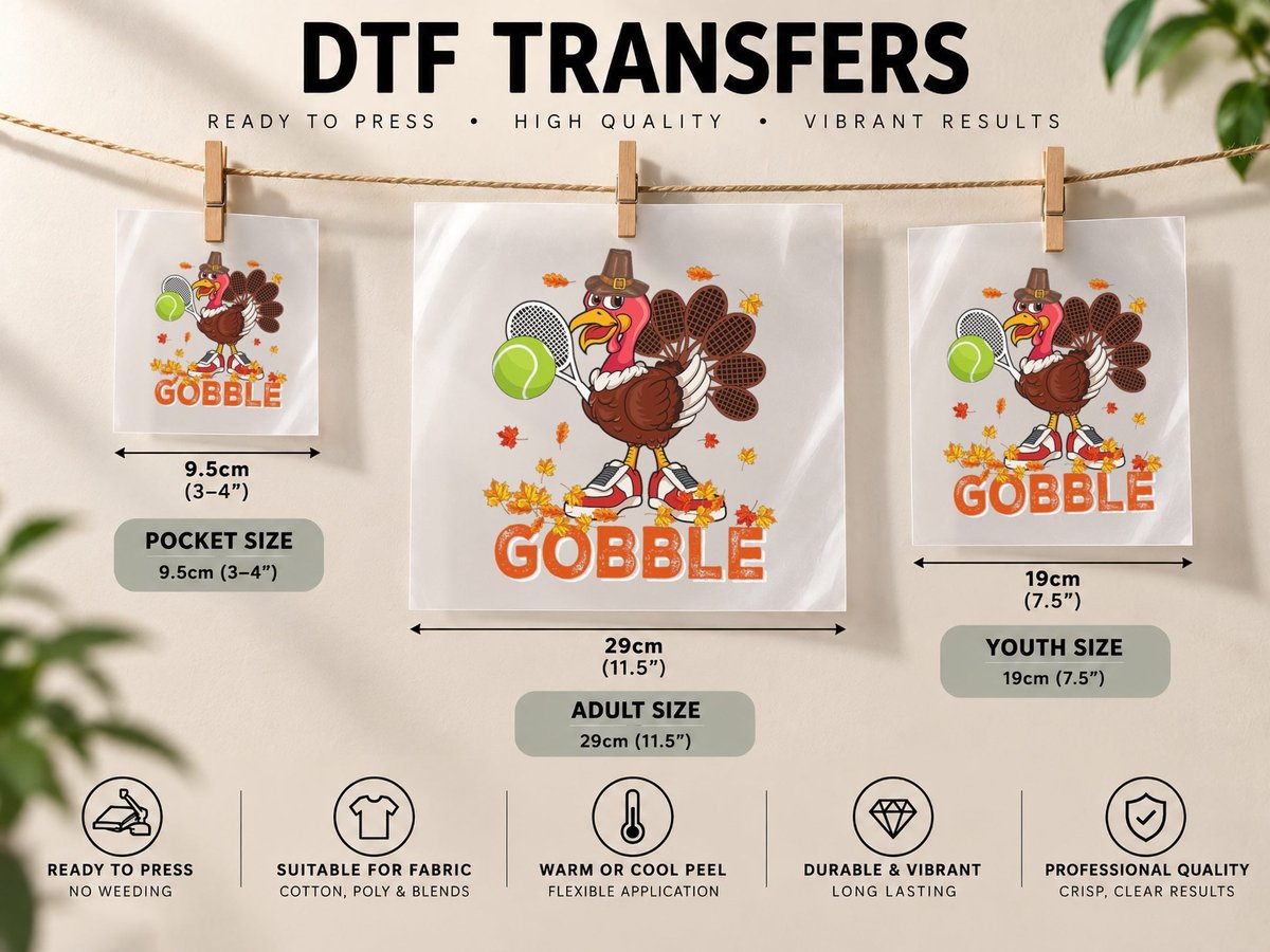 Vintage Gobble Thanksgiving Turkey Playing Tennis Player DTF Transfer Iron On