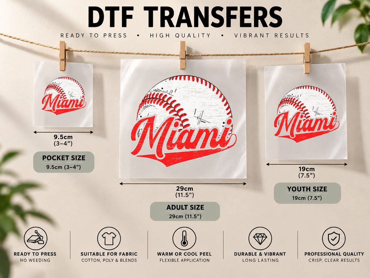 Vintage Miami Cityscape Baseball Lovers Men Women DTF Transfer Iron On