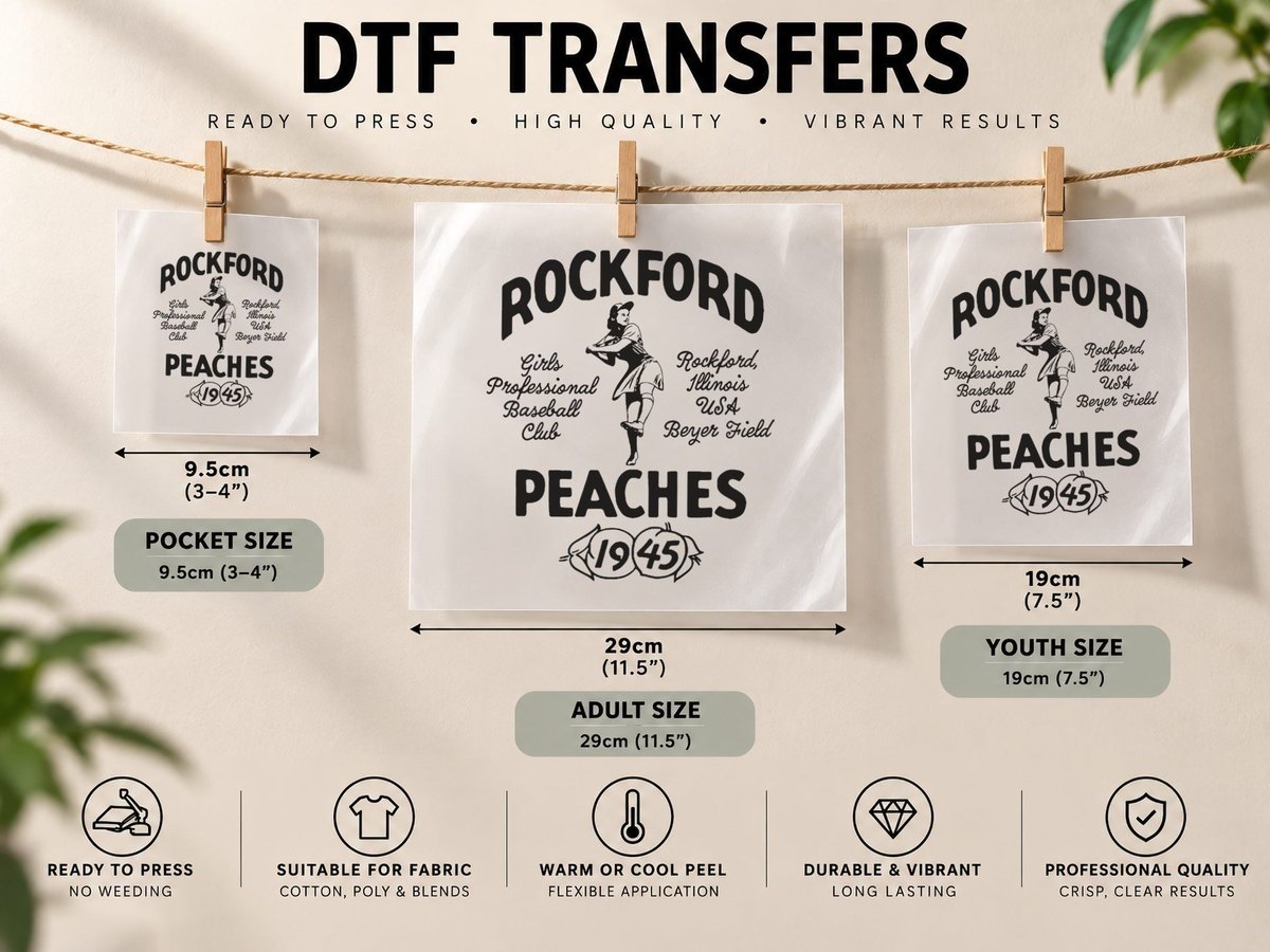 Vintage Rockford Illinois Peaches Defunct Women's Baseball DTF Transfer Iron On