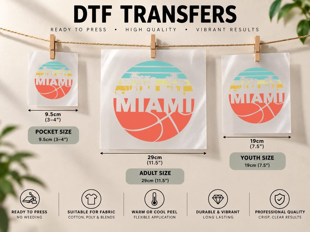 Women Men Vintage Miami Cityscape Heat Retro Basketball Fan DTF Transfer Iron On