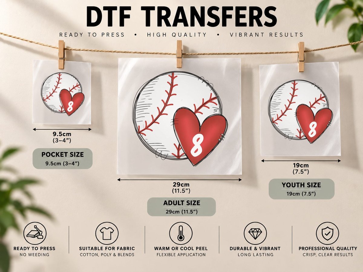 Womens Custom Baseball Mom Number 8 Heart for Mom, Mommy DTF Transfer Iron On