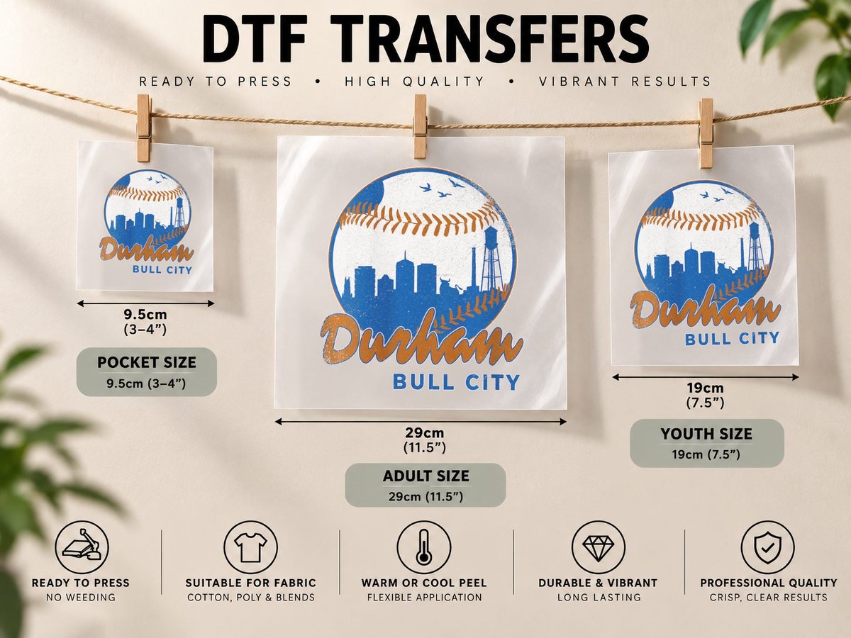Womens Durham Baseball Skyline Bull City North Carolina DTF Transfer Iron On