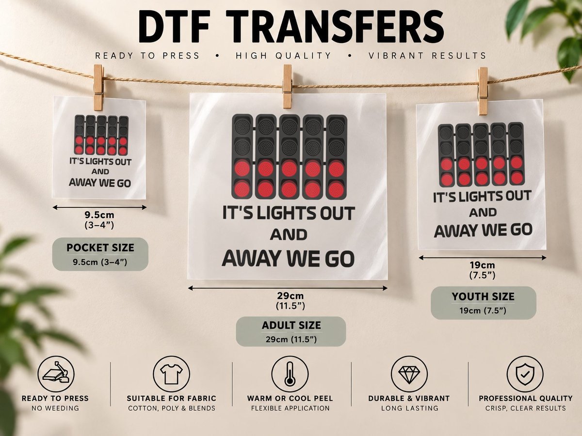 Womens It's Lights Out and Away We Go Formula Racing DTF Transfer Iron On