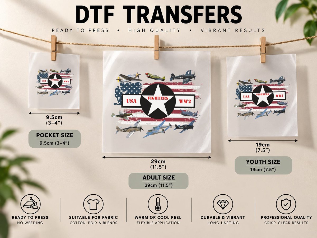 World War 2 USA Fighter Plane Air War Collection Graphic DTF Transfer Iron On