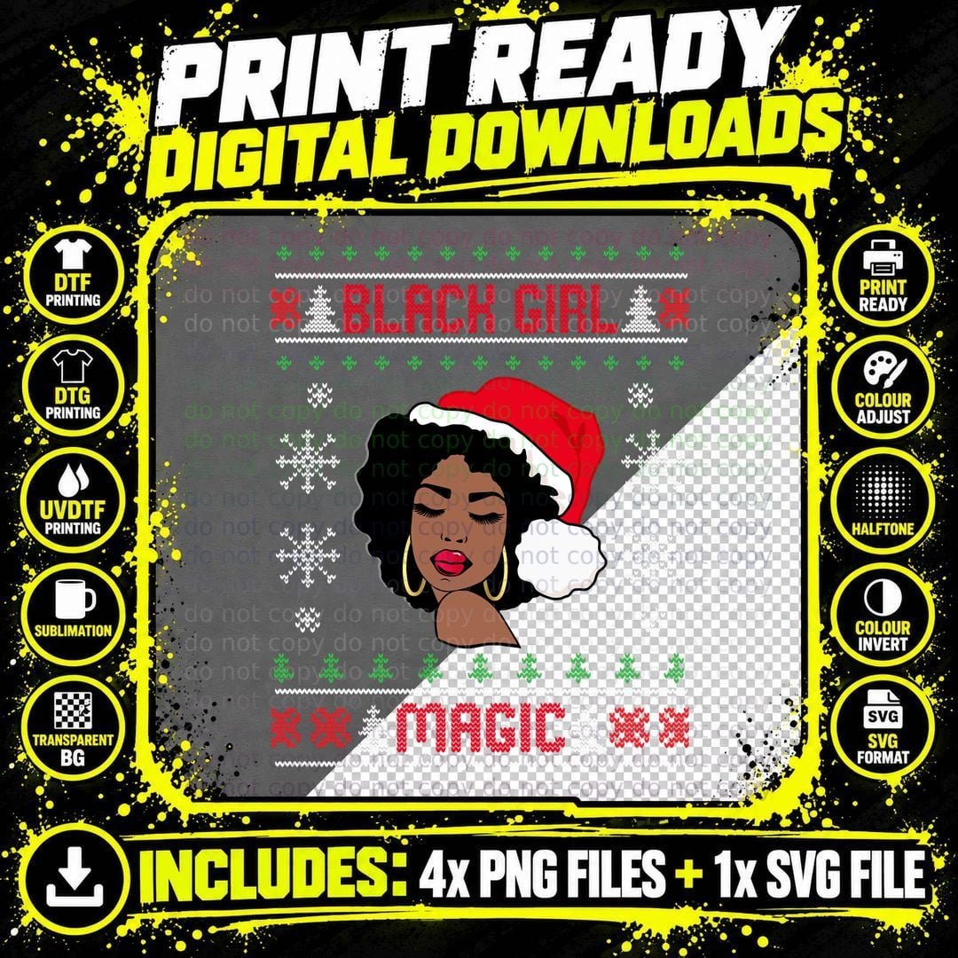 Afro Santa Claus Black Girl Magic Ugly Christmas Melanin Png SVG Digital Bundle
