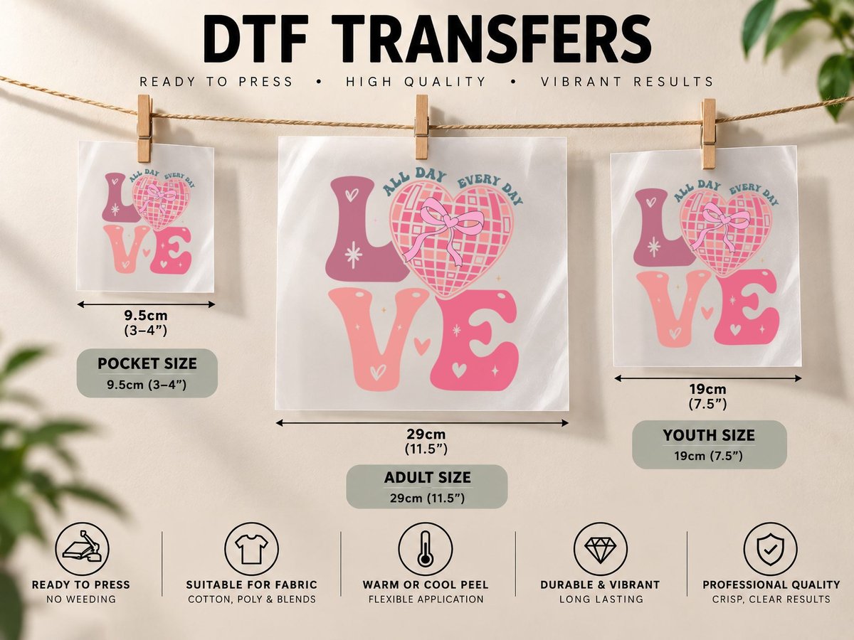All Day Every Love Disco Heart Pink Multicolor Valentine DTF Transfer Iron On