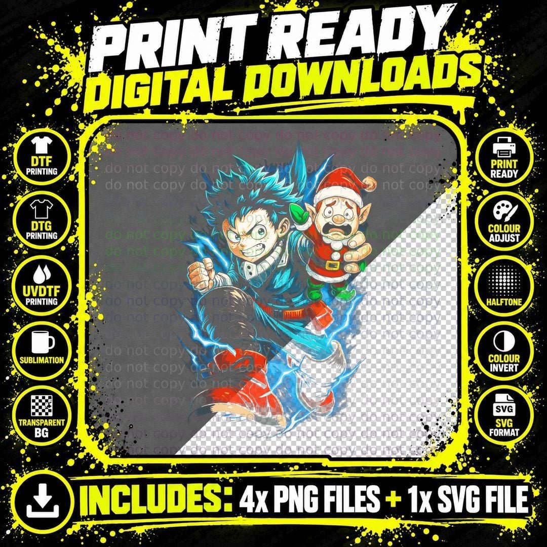 Anime Character with Santa Spiky Hair Halftone Christmas Png SVG Digital Bundle