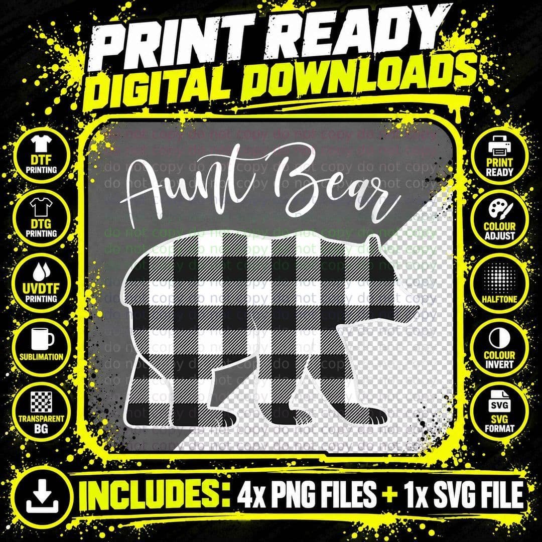 Aunt Bear Pajama Black and White Buffalo Plaid Christmas Png SVG Digital Bundle