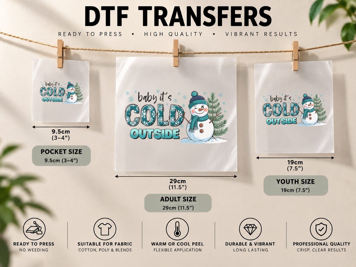 Baby It's Cold Outside Winter, Snowman in Winter Scene DTF Transfer Iron On