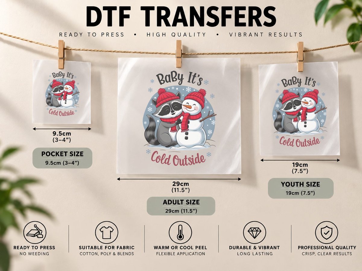 Baby It's Cold Outside Winter, Winter Raccoon Snowman DTF Transfer Iron On