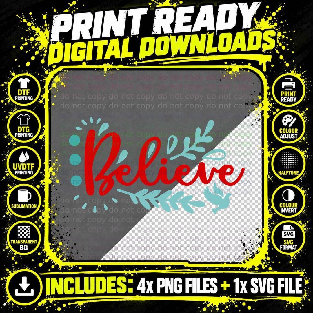Believe Christmas Holiday Red Script Turquoise Leaves Png SVG Digital Bundle