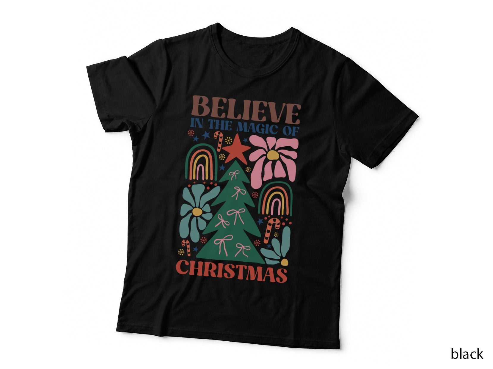 Believe in the Magic of Christmas Boho Floral Quote Design T-Shirt