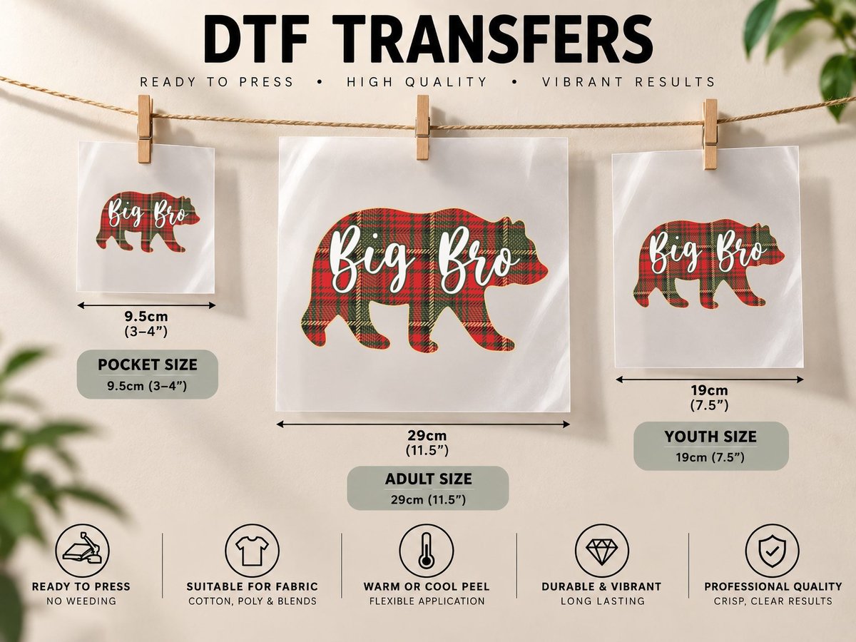 Big Bro Bear Red Plaid Christmas Costume Matching Family DTF Transfer Iron On