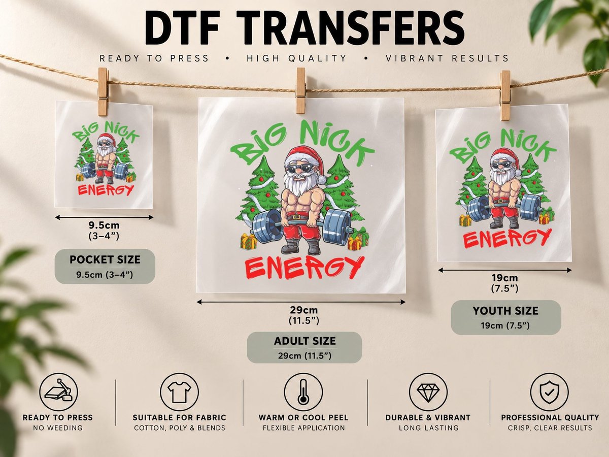 Big Nick Energy Santa Gym Fitness Weight Lifting Christmas DTF Transfer Iron On
