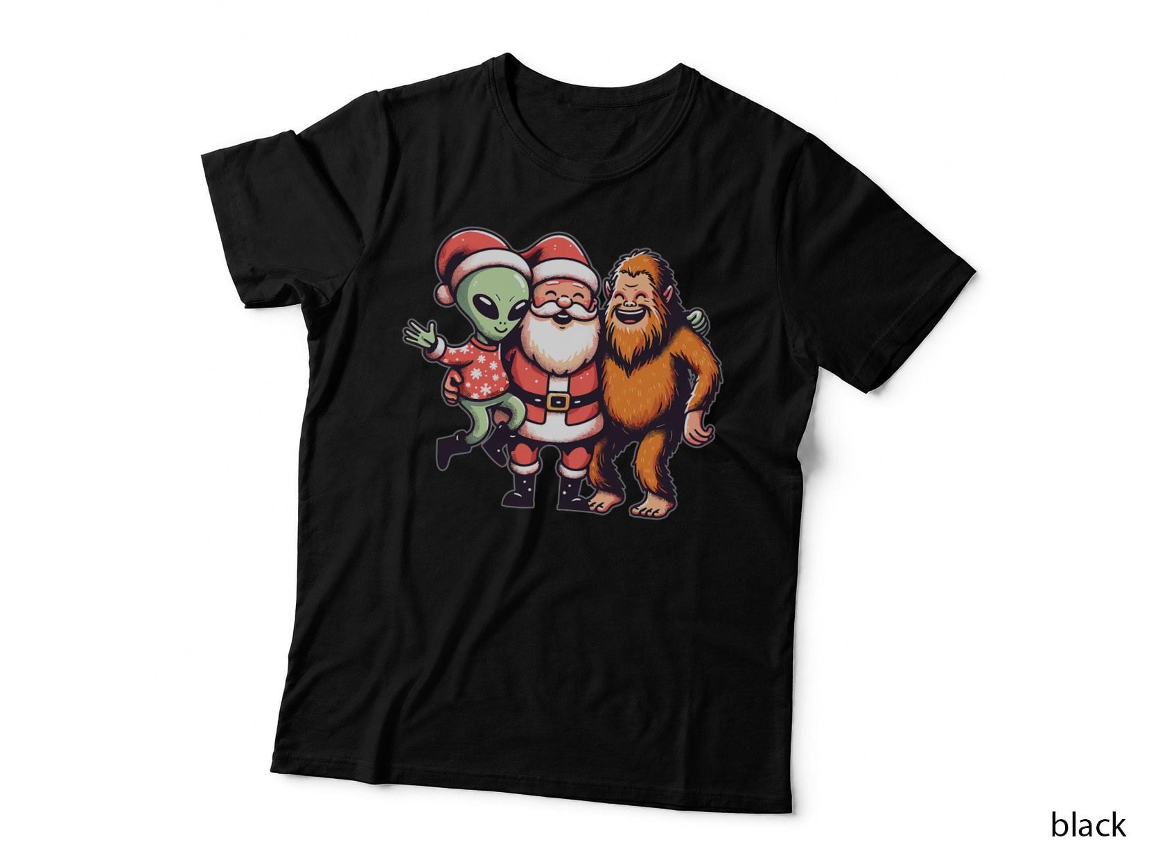 Bigfoot Alien and Santa Claus Believer Cute Christmas T-Shirt