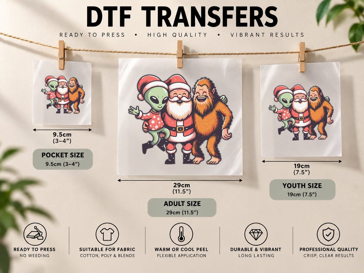 Bigfoot Alien and Santa Claus Believer Cute Christmas DTF Transfer Iron On