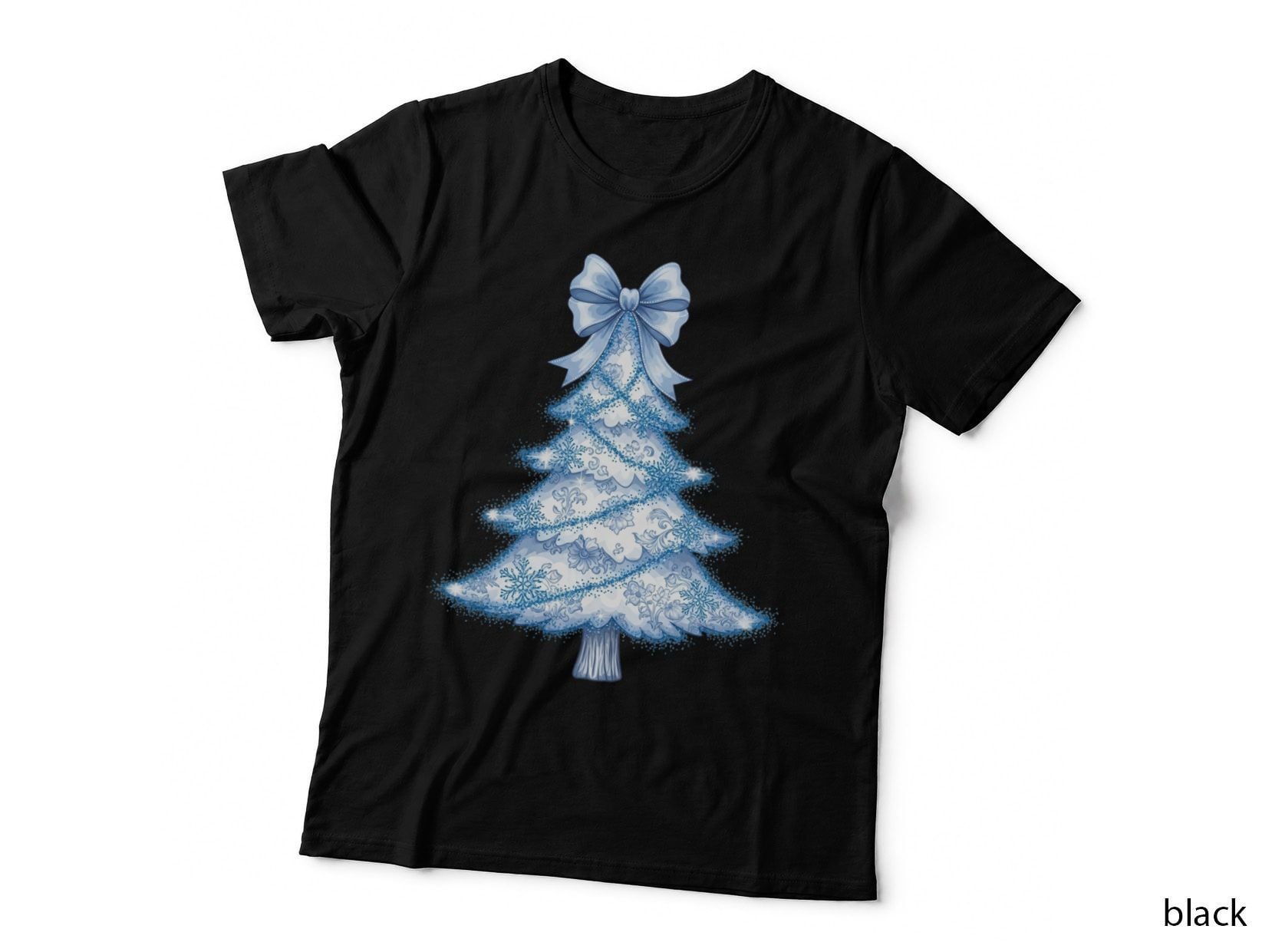 Blue Snowflake Christmas Tree with Bow Winter T-Shirt, Winter Graphic Tee