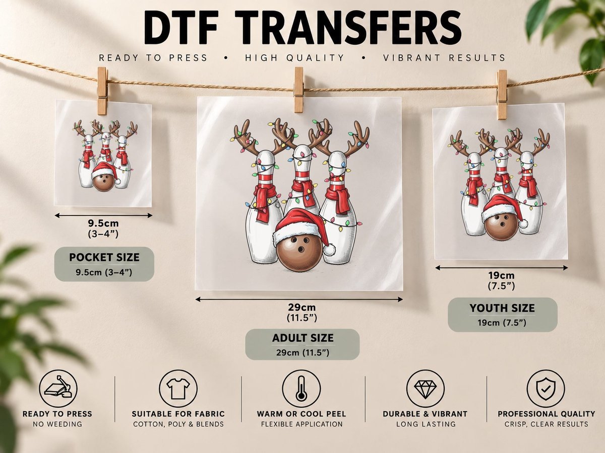 Bowling Pins Reindeer Christmas Scene Bowling DTF Transfer Iron On