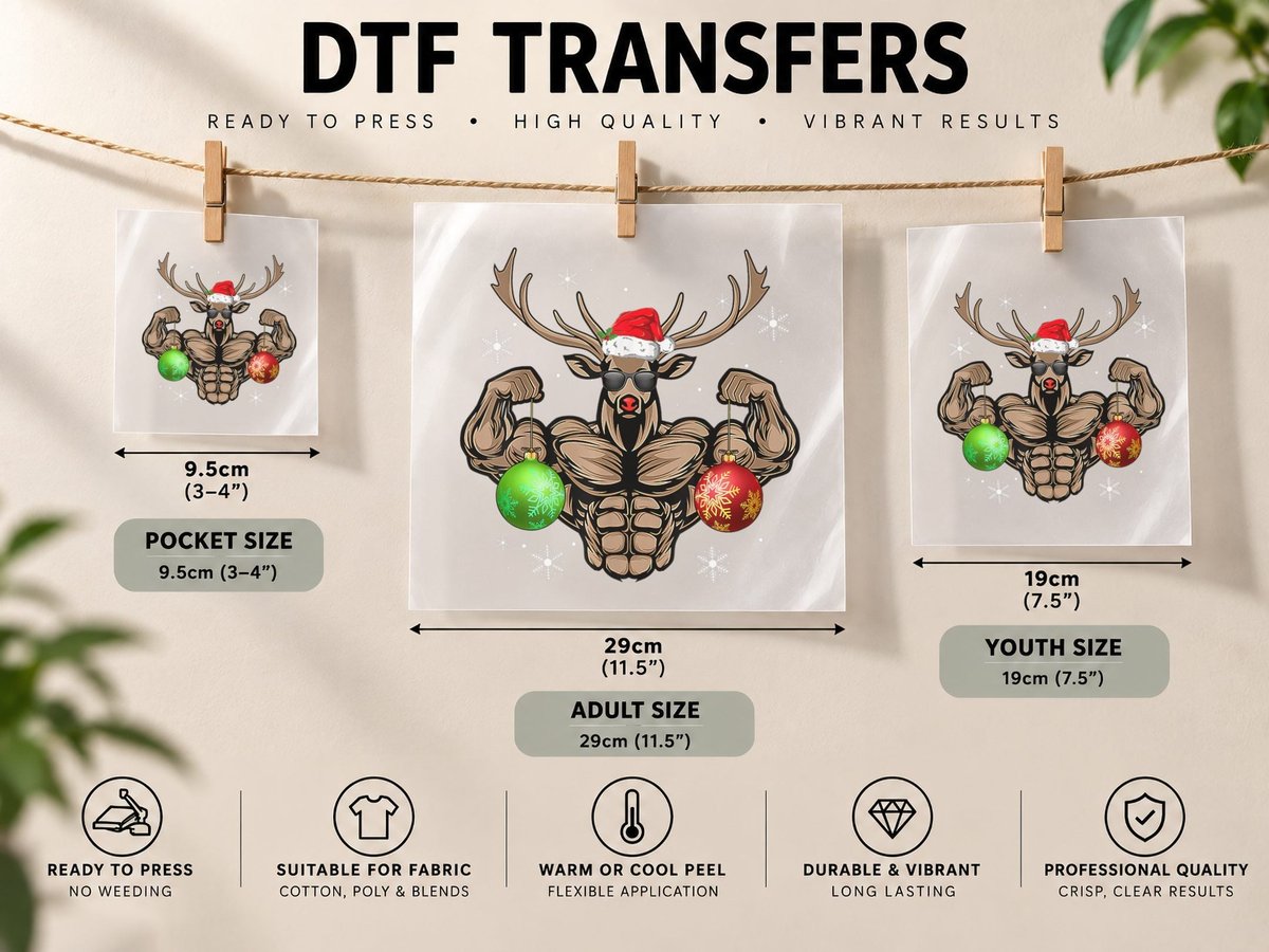 Buff Santa's Reindeer Bodybuilding Christmas Gym DTF Transfer Iron On
