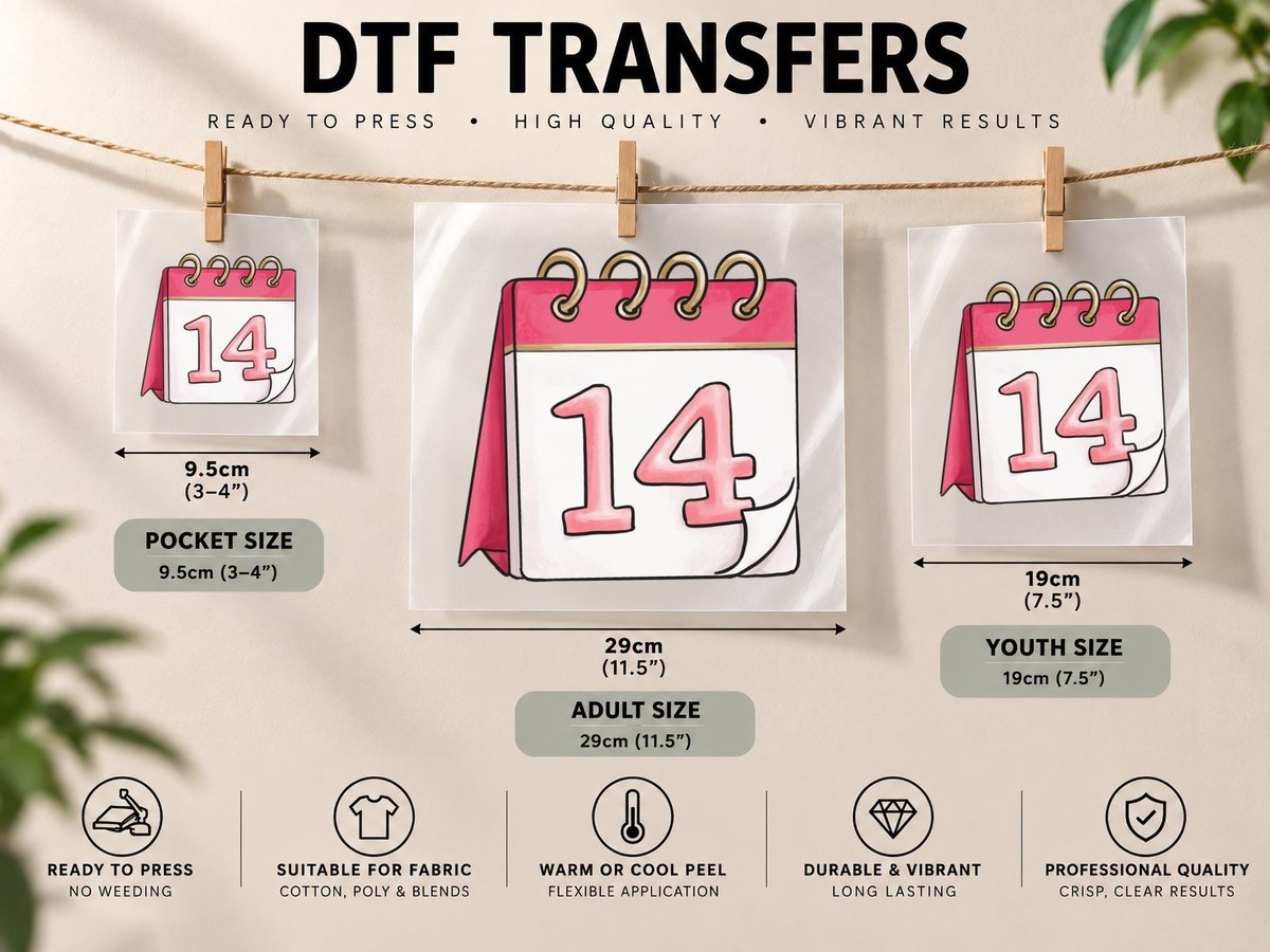 Calendar Heart Date Pink Ribbon Holiday Festive DTF Transfer Iron On