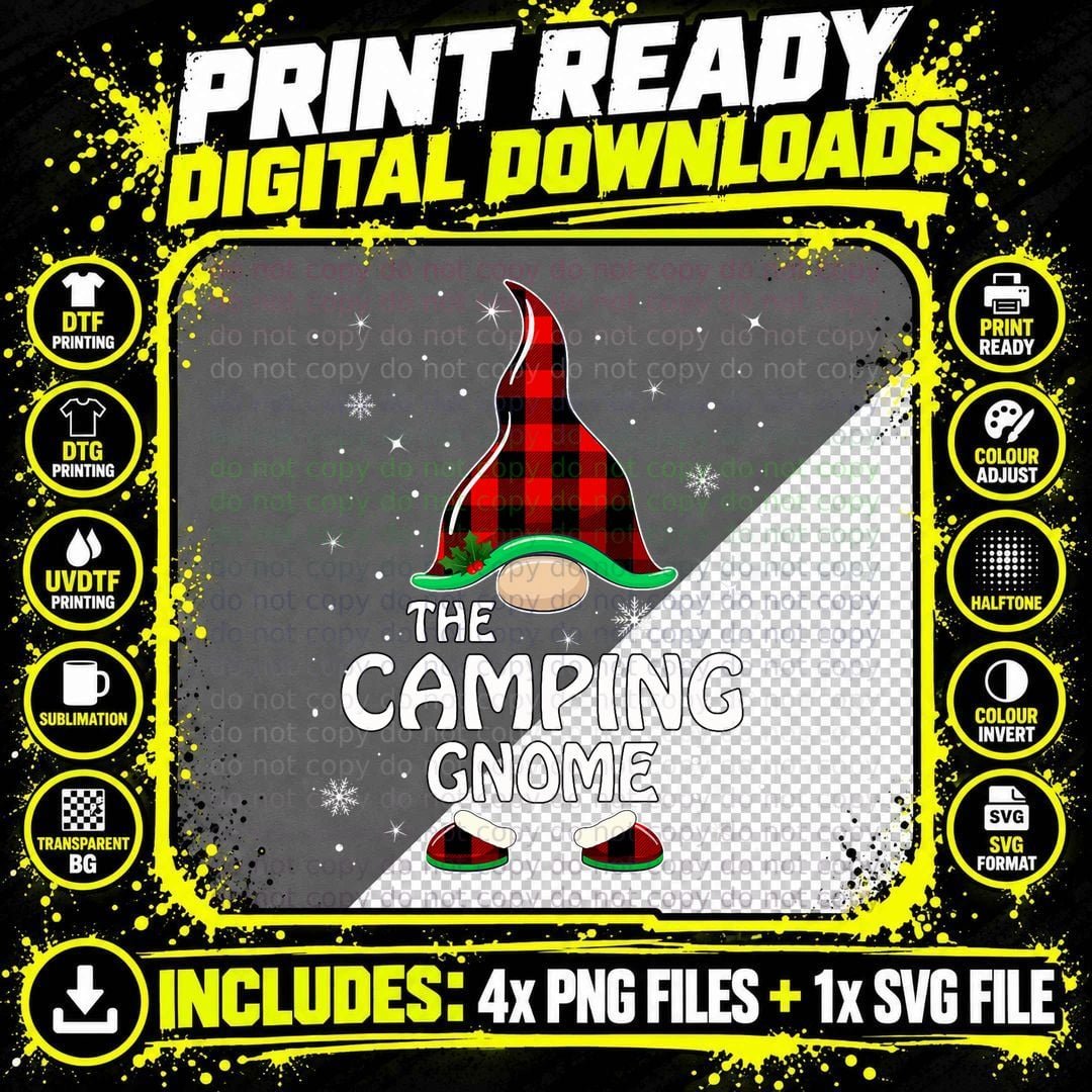 Camping Gnome Buffalo Plaid Matching Family Christmas Png SVG Digital Bundle