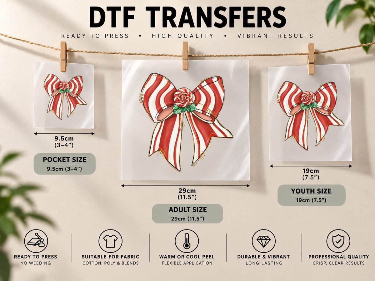 Candy Cane Christmas Bow Christmas Coquette DTF Transfer Iron On