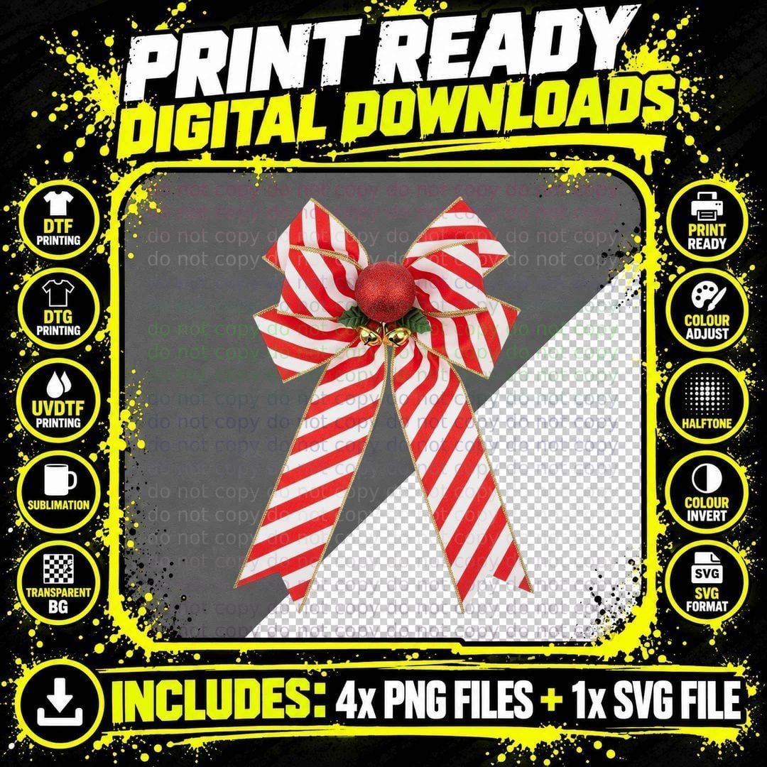 Candy Cane Striped Bow Ornament Christmas Coquette Png SVG Digital Bundle