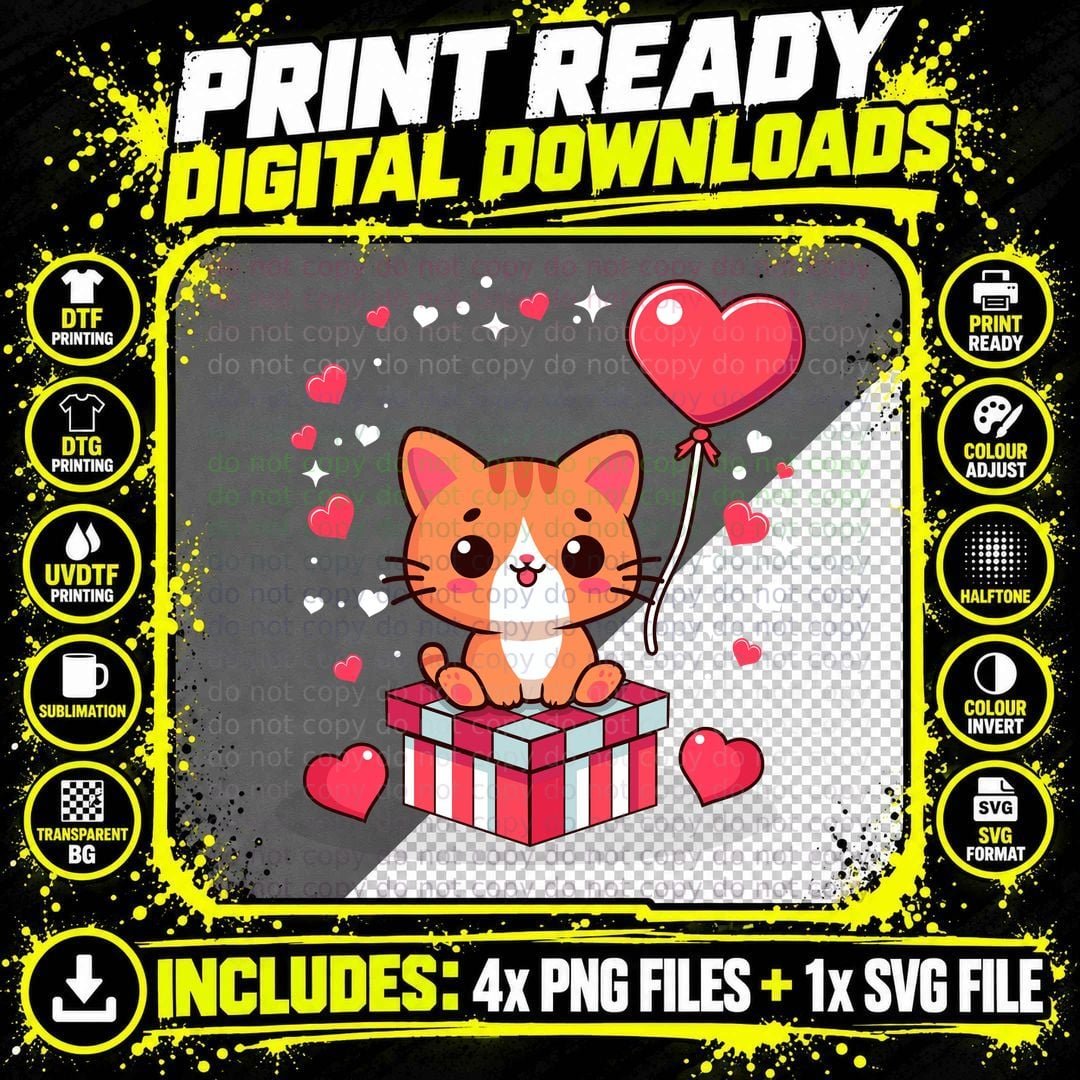Cat Balloon with Hearts Playful Festive T-Shirt Png SVG Digital Bundle
