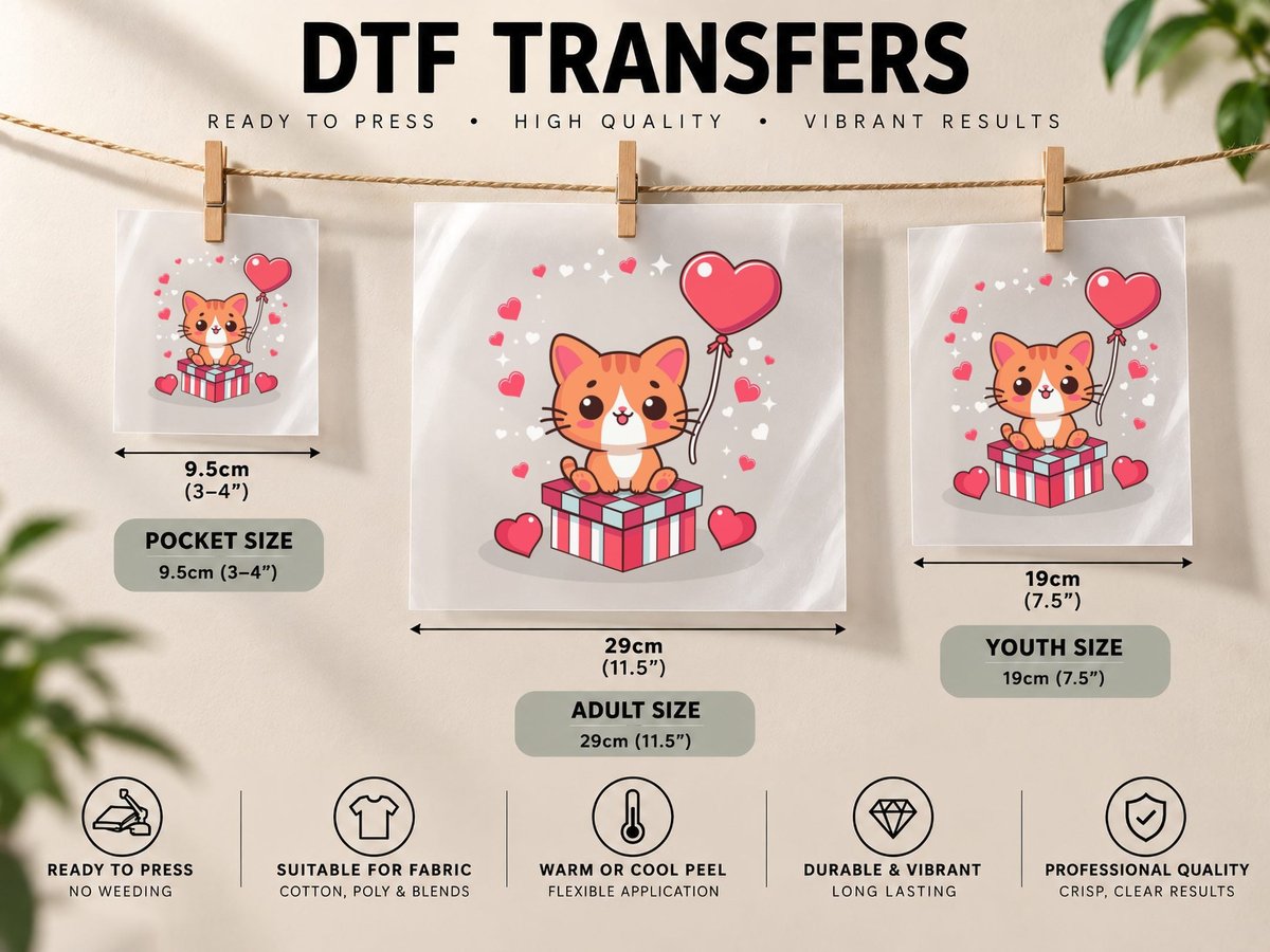 Cat Balloon with Hearts Playful Festive DTF Transfer Iron On