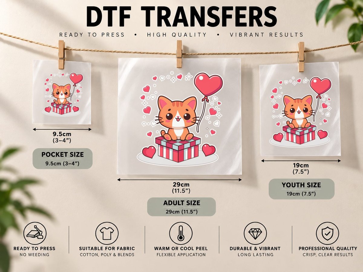 Cat Gift Orange Heart Balloon Festive DTF Transfer Iron On