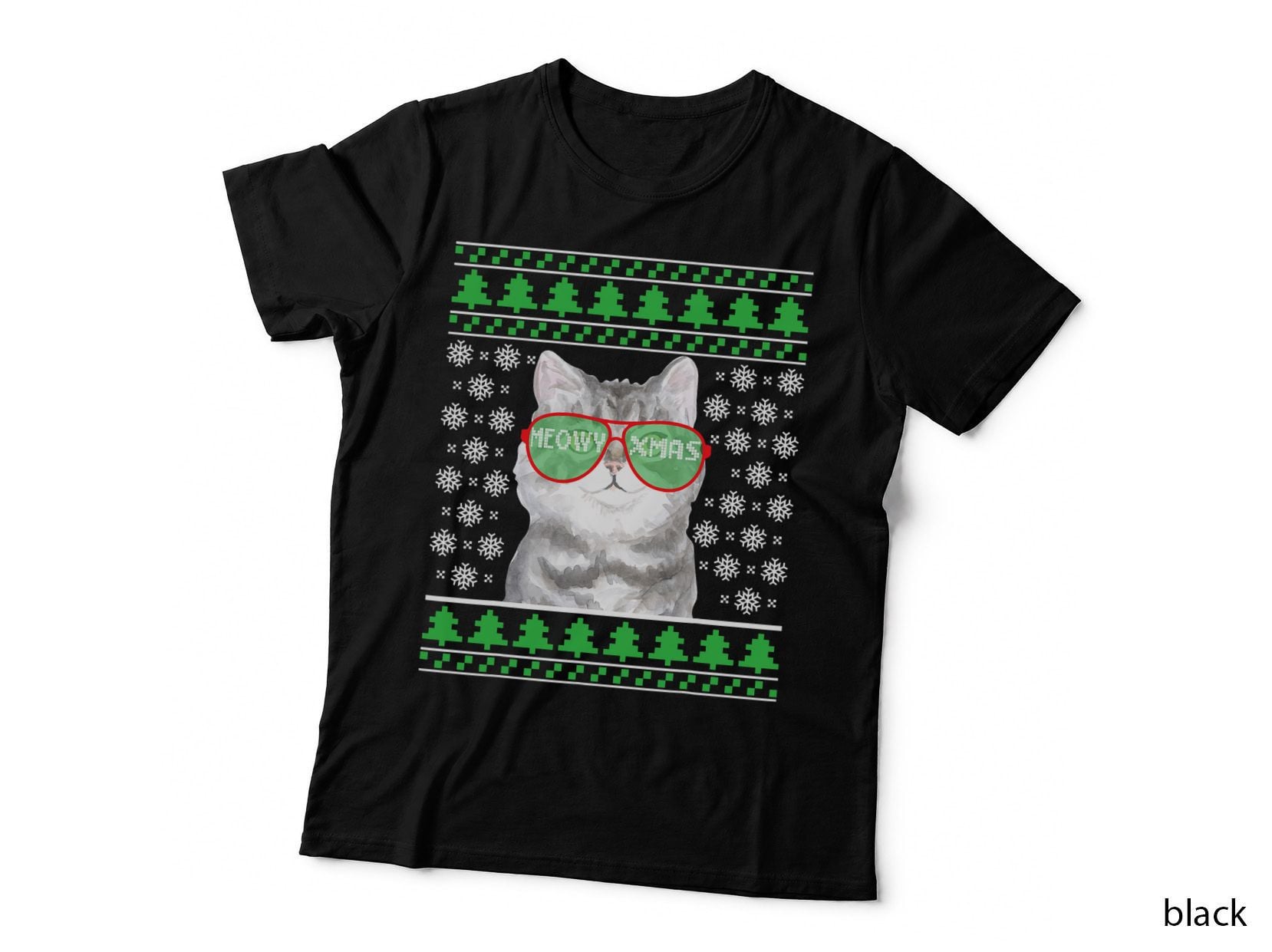 Cat with Sunglasses Meowy Ugly Christmas, Funny Holiday for Women T-Shirt