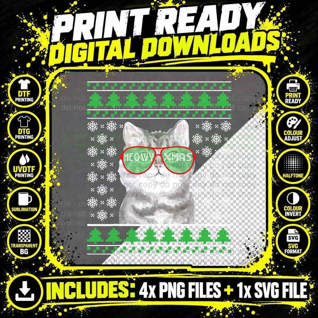 Cat with Sunglasses Meowy Ugly Christmas Png SVG Digital Bundle