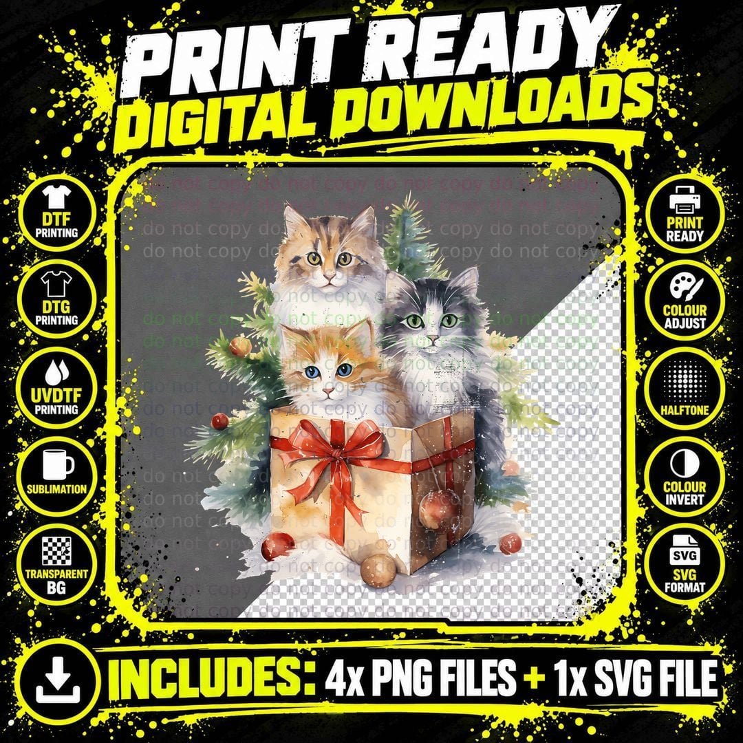 Cats in a Christmas Gift Box Cat T-Shirt Png SVG Digital Bundle