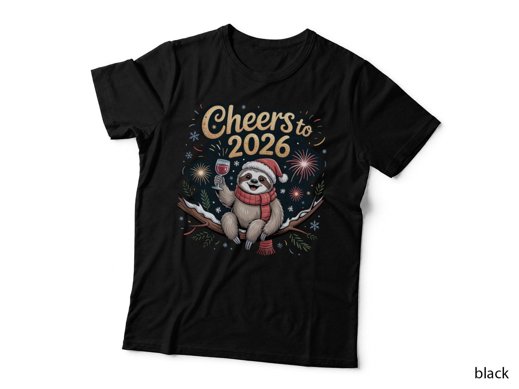Cheers to 2026 Happy New Year T-Shirt, Festive Sloth Holding Wine Glass Graphic
